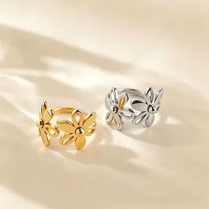 Dual Flower Adjustable Ring Titanium Steel Minimalist Floral Finger Jewelry For Women Gold Silver Tone