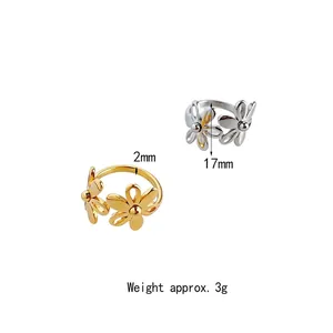 Minimalist floral stainless steel open rings in gold and silver showing size dimensions