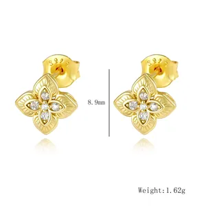 Close-up of gold S925 sterling silver clover stud earrings with stones showing 8.9mm size