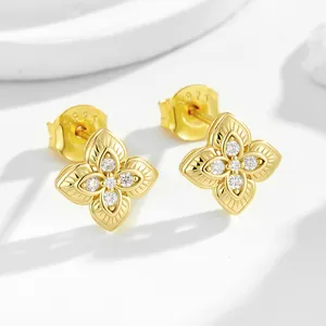 925 Sterling Silver Four Leaf Clover Stud Earrings Rhinestone Inlaid Gold Silver Flower Minimalist Luxury Women Jewelry