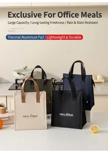 Four multi-colored insulated lunch bags with meal bag logo in a kitchen setting.