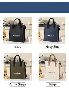 Color options for insulated lunch bags in black, navy, army green, and beige.