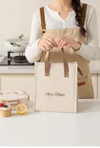 Large minimalist insulated beige lunch bag with handle for daily healthy lifestyle