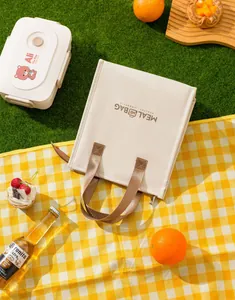 Insulated lunch bag placed on a yellow picnic blanket in a sunny outdoor grass setting.