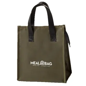 Minimalist insulated lunch bag with large capacity in olive green with black handles.
