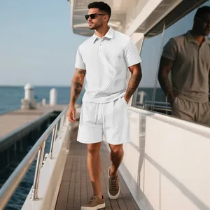 Men's stylish white jacquard Polo shirt and shorts set for casual summer beach wear