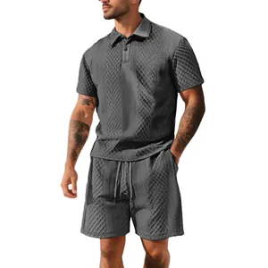 Men's gray jacquard polo and shorts set with textured diamond pattern for summer sports