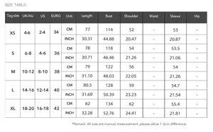 Comprehensive size chart for women's casual long-sleeve coat with CM and INCH units