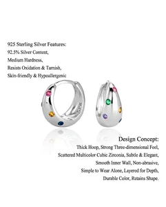 Vue détaillée des créoles en argent sterling S925 serties de zircons colorés vibrants