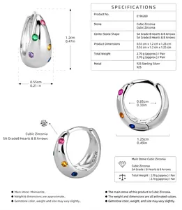Créoles en argent sterling S925 avec pierres CZ colorées et spécifications de taille.