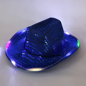 Detailed macro view of a bright blue sequined cowboy hat with glowing LED lights