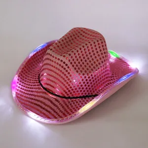 Festive pink sequin cowboy jazz hat with multi-color LED glowing brim for party performance
