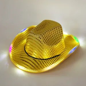 Gold sequin cowboy hat for party events featuring a vibrant multicolor LED light-up brim