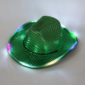 Green sequin cowboy jazz hat with multi-color LED lights for party performances