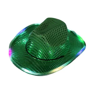 Green sequin cowboy jazz hat featuring colorful LED lights for festival performances