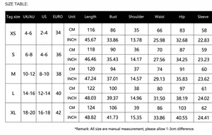 Size guide table for women's elegant bodycon maxi dress with CM and INCH units