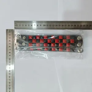 Detailed dimension measurement of punk leather bracelet with red and black square studs