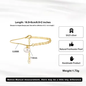 S925 silver anklet with a natural freshwater pearl and gold-plated double chain.