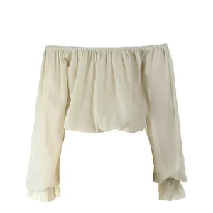 Elegant off-the-shoulder lantern sleeve crop top in beige chiffon fabric for women