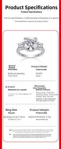 Detail view of 5 carat moissanite ring with specifications including 925 silver material.