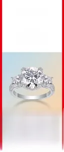 Macro view of 5-carat moissanite ring in 925 sterling silver with three-stone setting