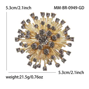 Vue détaillée d'une broche feu d'artifice vintage avec strass gris et alliage doré.
