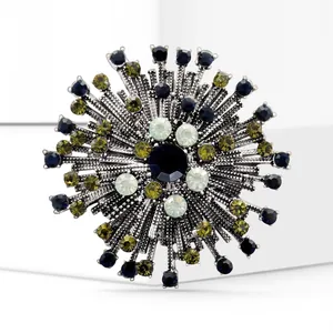 Détail macro d'une luxueuse broche feu d'artifice avec strass multicolores sur alliage