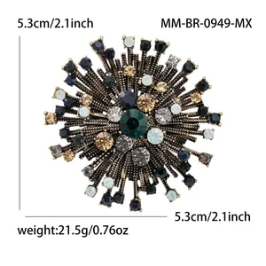 Vintage fireworks design alloy brooch with multi-colored rhinestones and size labels