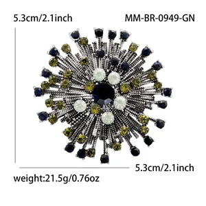 Broche feu d'artifice rétro en alliage avec strass bleus et verts, 5,3 cm de large
