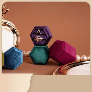 Hexagon Velvet Ring Case Dual Slot Jewelry Organizer For Wedding Engagement Proposal Ceremony
