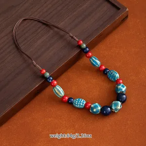 Detailed view of an ethnic style Jingdezhen ceramic bead necklace weighing 64g