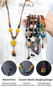 Detail view of handmade ceramic beads and adjustable woven rope on ethnic necklace