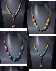 Handcrafted Jingdezhen ceramic beaded necklaces with ethnic woven ropes in four styles.