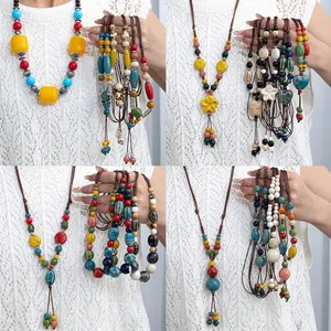 Handmade Ceramic Bead Long Necklace Ethnic Bohemian Style Adjustable Woven Rope Sweater Chain For Women Alloy Accents Retro Jewelry
