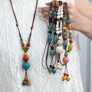 Handmade ethnic style long sweater chain with colorful Jingdezhen ceramic beads.
