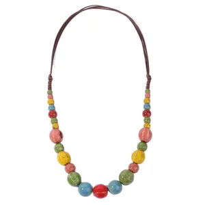 Ethnic style colorful ceramic beaded long necklace with hand-woven brown rope for women.