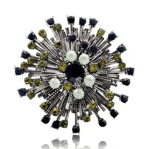 Broche rétro en forme de feu d'artifice avec strass bleus et olive pour manteau chic