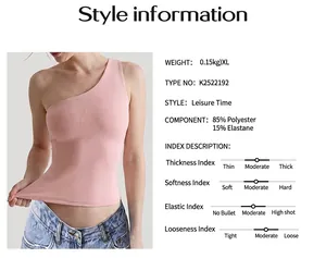 Detailseite eines rosa One-Shoulder-Sportoberteils mit Stoff- und Größenangaben