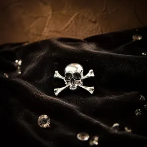 Detailed macro view of vintage silver skull and crossbones brooch on black velvet.