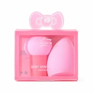 Professional pink makeup sponge set featuring mushroom puff in a bow-shaped gift box