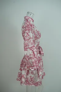 Detailed side view of red toile de Jouy print pleated mini dress with waist belt.