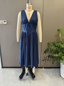 Detailed front view of navy blue V-neck sleeveless midi dress on professional mannequin