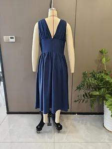 Detailed back view of an elegant navy blue sleeveless midi dress with a V-neck and waist.