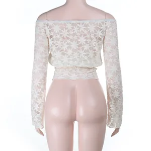 Vue arrière d'un élégant crop top en dentelle crème à épaules dénudées et manches longues