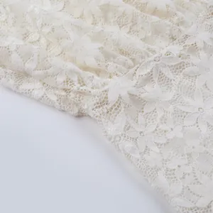 Vue macro détaillée du tissu en dentelle florale blanche avec texture de maille complexe.