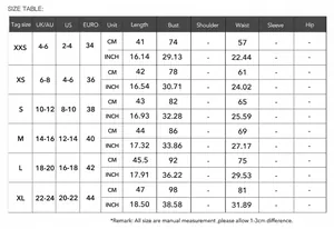Tableau des tailles détaillé pour le caraco sexy uni Y2K fourni en centimètres et pouces