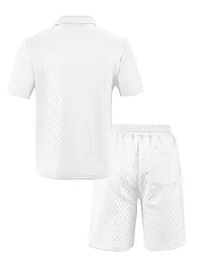 Detailed back view of men's white jacquard textured polo shirt and matching shorts set