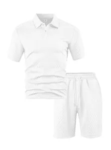Detailed macro view of white men's polo shirt and shorts set with jacquard texture