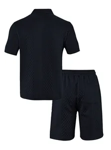 Back view of men's jacquard short sleeve polo shirt and matching casual shorts set