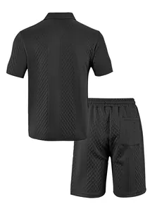 Detailed back view of men's black casual sports set featuring jacquard polo and shorts